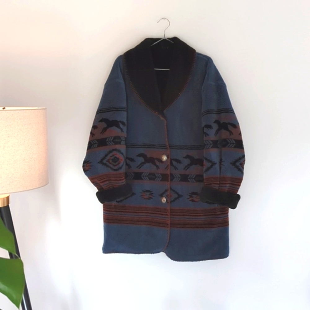 Vintage Deep Pile Western Horse Fleece Oversized Coat Winter Jacket Reversible